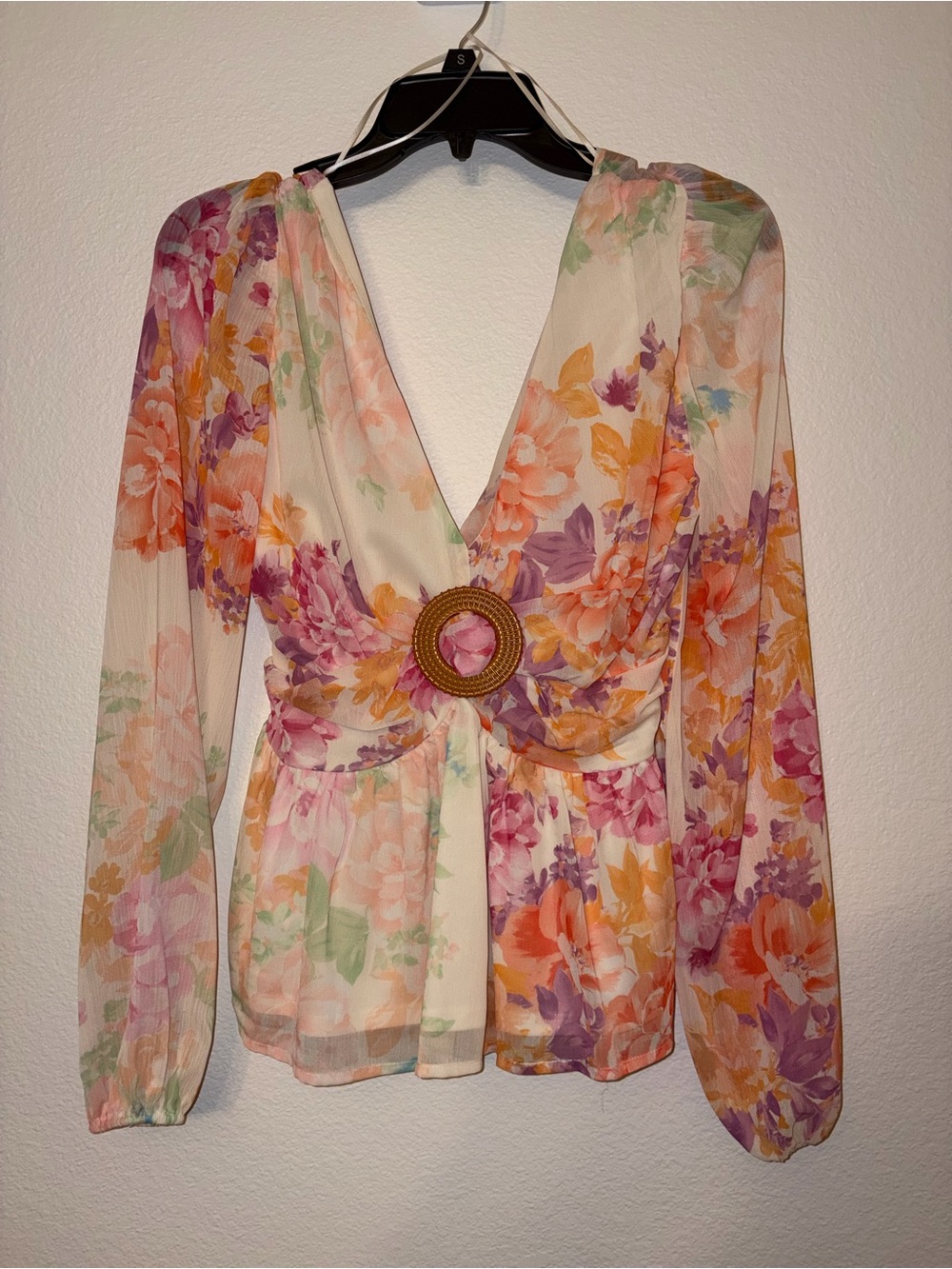 NWT Evolutionary Floral Peplum Blouse Size Small Boho Deep V Long Sleeve Top